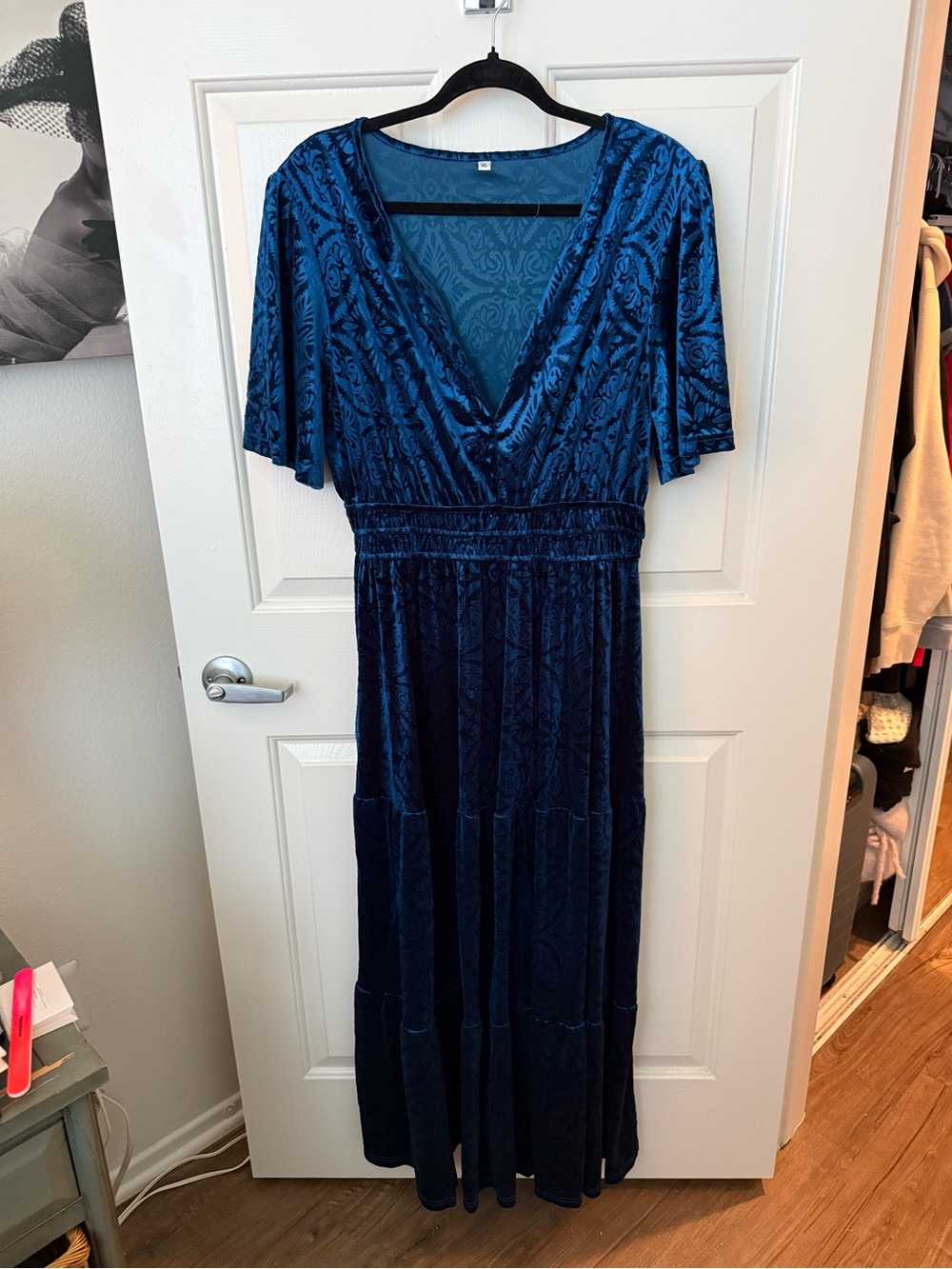 Blue Velvet Maxi Dress with V-Neck